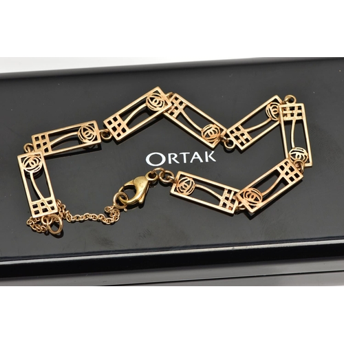 34 - A 9CT GOLD ORTAK LINE BRACELET, decorated with a series of rectangular open work links with floral d... 