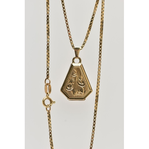 37 - A 9CT GOLD LOCKET PENDANT AND CHAIN, the pendant of a coffin shape, decorated with a floral engraved... 