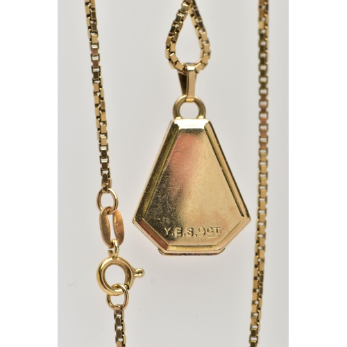 37 - A 9CT GOLD LOCKET PENDANT AND CHAIN, the pendant of a coffin shape, decorated with a floral engraved... 