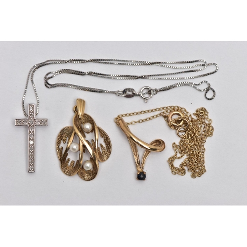 41 - TWO PENDANT NECKLACES AND A PENDANT, to include a white metal cross pendant set with single cut diam... 