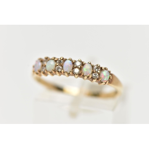 46 - A 9CT GOLD OPAL AND DIAMOND HALF ETERNITY RING, designed with five oval cut opal cabochons, each int... 