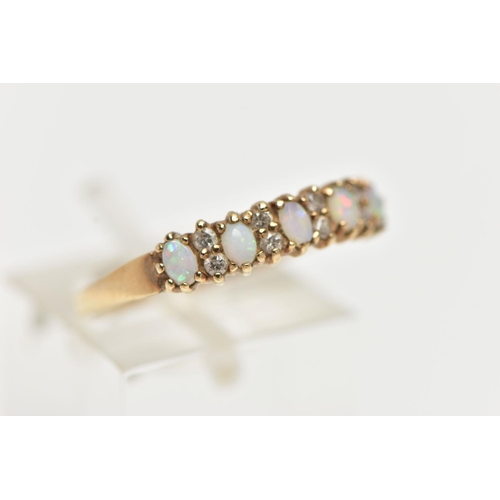 46 - A 9CT GOLD OPAL AND DIAMOND HALF ETERNITY RING, designed with five oval cut opal cabochons, each int... 