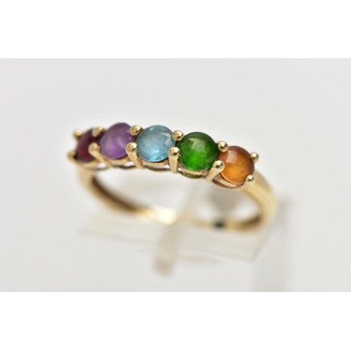 48 - A 9CT GOLD FIVE STONE RING, designed with a row of five claw set, circular cut cabochon stones to in... 