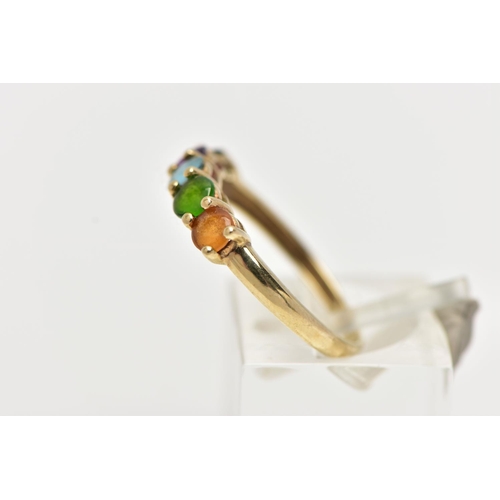 48 - A 9CT GOLD FIVE STONE RING, designed with a row of five claw set, circular cut cabochon stones to in... 