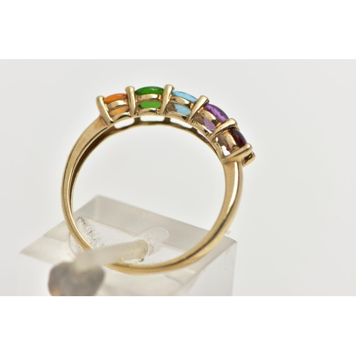 48 - A 9CT GOLD FIVE STONE RING, designed with a row of five claw set, circular cut cabochon stones to in... 