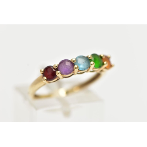 48 - A 9CT GOLD FIVE STONE RING, designed with a row of five claw set, circular cut cabochon stones to in... 