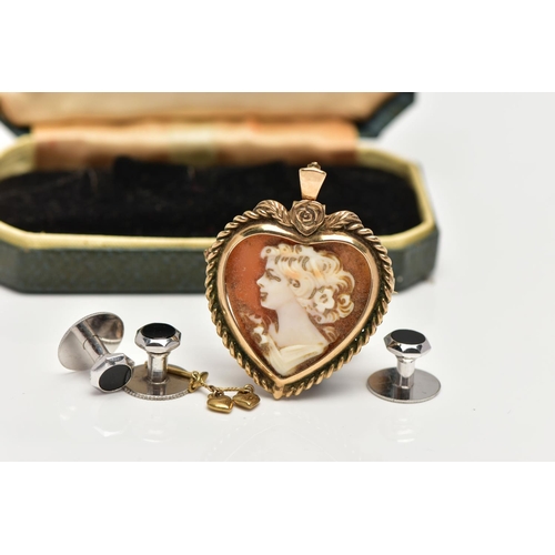 51 - A 9CT GOLD CAMEO BROOCH/PENDANT, AN EARRING AND A BOXED SET OF DRESS STUDS, the cameo brooch/ pendan... 