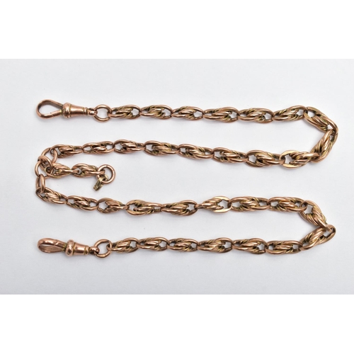 55 - A ROSE TONE ALBERT CHAIN, of a rope twist and oval link design, most links stamped 9.375, fitted wit... 