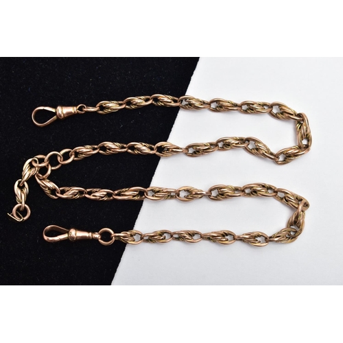 55 - A ROSE TONE ALBERT CHAIN, of a rope twist and oval link design, most links stamped 9.375, fitted wit... 