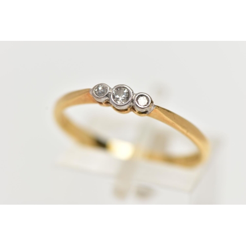 60 - AN 18CT GOLD THREE STONE DIAMOND RING, to the centre is a collet set old cut diamond, flanked with t... 