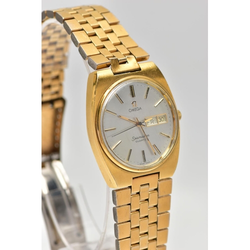 61 - A GOLD PLATED 'OMEGA SEAMASTER QUARTZ' WRISTWATCH, round silver dial signed 'Omega Seamaster quartz'... 