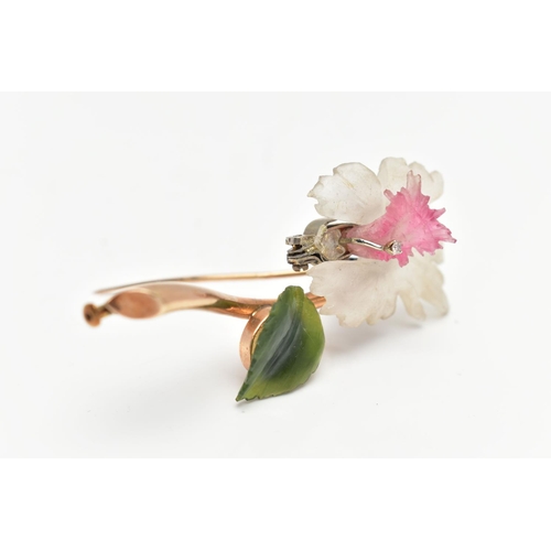 62 - A 'JULIUS HUGLER' FLORAL BROOCH, a 14ct yellow gold stem, leading onto a carved frosted rock crystal... 