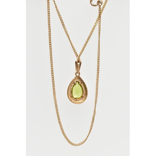 65 - A 9CT GOLD PERIDOT PENDANT NECKLACE, the pendant of a pear drop shape, collet and claw set pear cut ... 