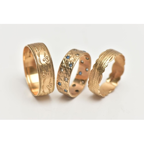 68 - THREE 9CT GOLD BAND RINGS, the first a wide band set with small blue sapphires and spinels, with a d... 