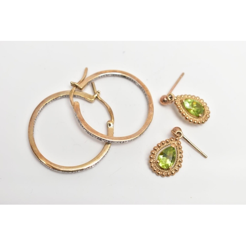 70 - A PAIR OF 9CT GOLD DIAMOND SET HOOP EARRINGS AND A PAIR OF DROP EARRINGS, the polished yellow gold h... 