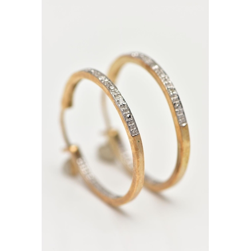 70 - A PAIR OF 9CT GOLD DIAMOND SET HOOP EARRINGS AND A PAIR OF DROP EARRINGS, the polished yellow gold h... 