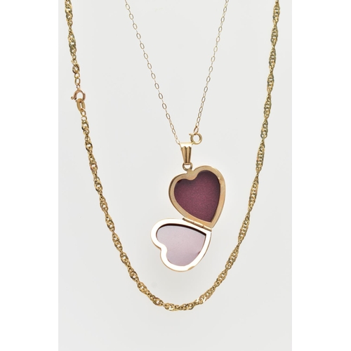 71 - A 9CT GOLD DIAMOND SET LOCKET AND TWO CHAINS, the hinged locket of a heart form, set to the front wi... 