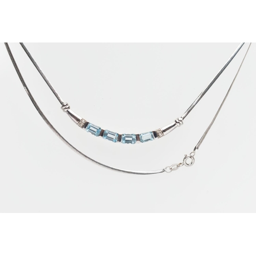 74 - A 9CT WHITE GOLD TOPAZ PENDANT NECKLACE, designed with a curved bar pendant bar set with a row of fo... 