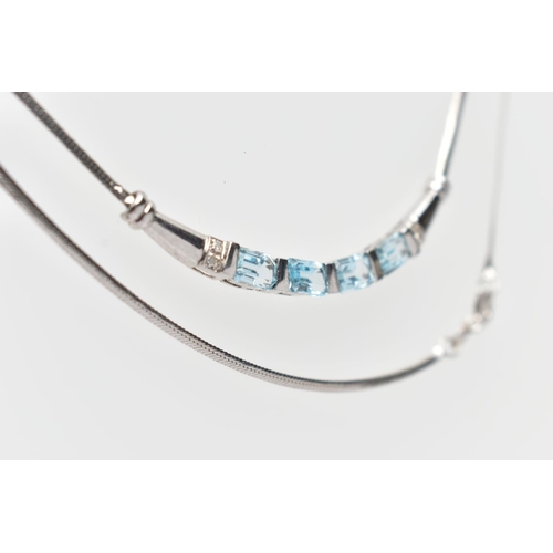 74 - A 9CT WHITE GOLD TOPAZ PENDANT NECKLACE, designed with a curved bar pendant bar set with a row of fo... 