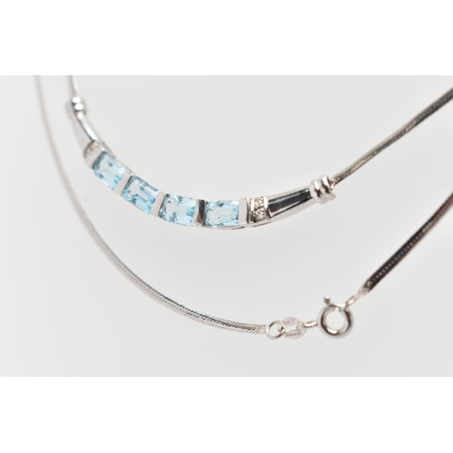 74 - A 9CT WHITE GOLD TOPAZ PENDANT NECKLACE, designed with a curved bar pendant bar set with a row of fo... 