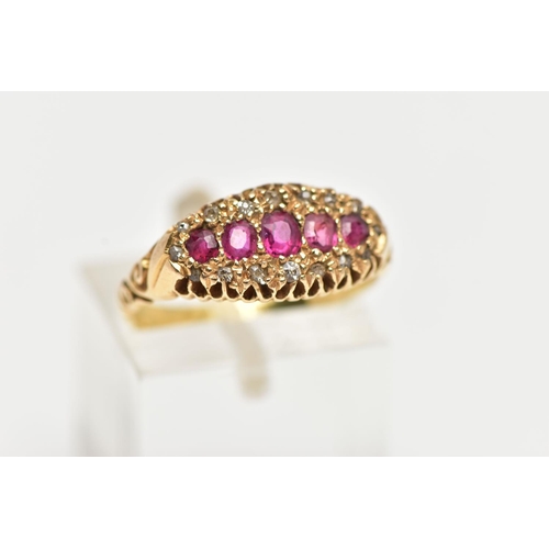 78 - AN EARLY 20TH CENTURY, YELLOW METAL BOAT RING, set with a row of five graduated oval and circular cu... 