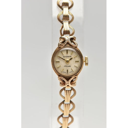 8 - A LADIES 9CT GOLD 'EVERITE' WRISTWATCH, manual wind, gold dial signed 'Everite, 21 jewels', baton ma... 