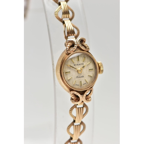 8 - A LADIES 9CT GOLD 'EVERITE' WRISTWATCH, manual wind, gold dial signed 'Everite, 21 jewels', baton ma... 