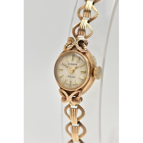 8 - A LADIES 9CT GOLD 'EVERITE' WRISTWATCH, manual wind, gold dial signed 'Everite, 21 jewels', baton ma... 