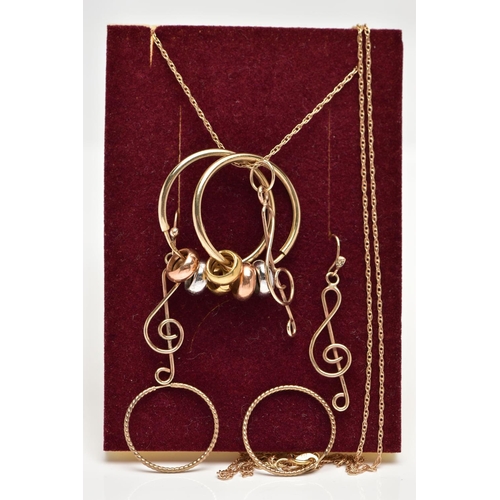 80 - A PAIR OF HOOP EARRINGS, A PENDANT NECKLACE AND MATCHING EARRINGS, the polished yellow metal hollow ... 