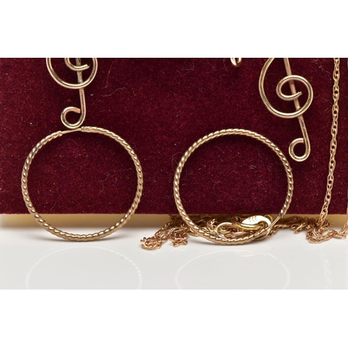 80 - A PAIR OF HOOP EARRINGS, A PENDANT NECKLACE AND MATCHING EARRINGS, the polished yellow metal hollow ... 