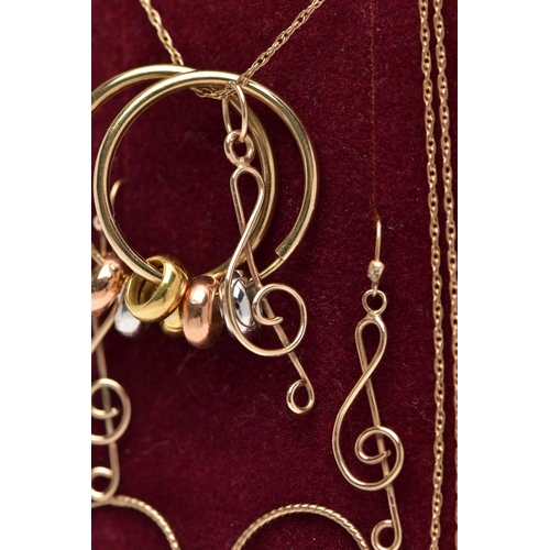 80 - A PAIR OF HOOP EARRINGS, A PENDANT NECKLACE AND MATCHING EARRINGS, the polished yellow metal hollow ... 