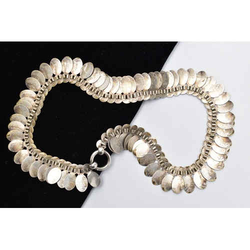 82 - A VICTORIAN WHITE METAL FRINGE CHAIN, designed as a series of floral detailed oval links, fitted wit... 