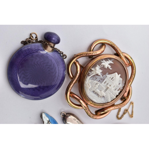 84 - A DAVID ANDERSEN SCENT FLASK AND BROOCH, ENAMEL BROOCH AND A GOLD PLATED CAMEO BROOCH, the scent fla... 