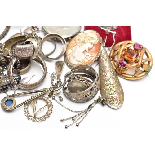 92 - A BAG OF ASSORTED WHITE METAL JEWELLERY, to include a selection of earrings, pendants, medals and br... 