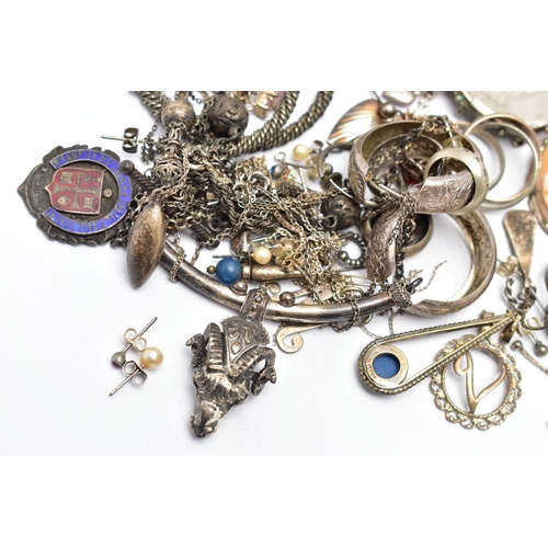 92 - A BAG OF ASSORTED WHITE METAL JEWELLERY, to include a selection of earrings, pendants, medals and br... 