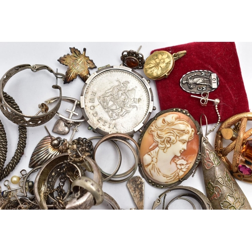 92 - A BAG OF ASSORTED WHITE METAL JEWELLERY, to include a selection of earrings, pendants, medals and br... 