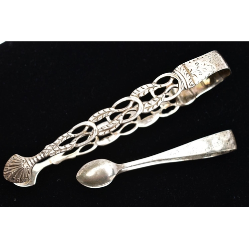 96 - TWO PAIRS OF SUGAR TONGS, the first a small pair of plain polished tongs hallmarked 'Joesph Gloster'... 