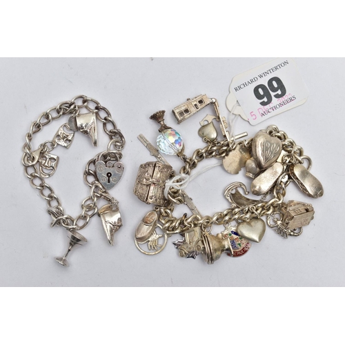 99 - A SILVER CHARM BRACELET AND WHITE METAL CHARM BRACELET, the first a curb link bracelet, fitted with ... 