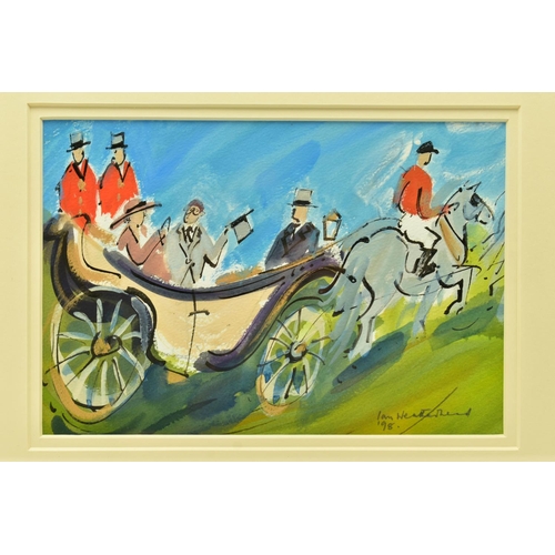 298 - IAN WEATHERHEAD (BRITISH 1932) 'ACCOMPANYING MAMA', figures in a carriage with coachmen and horse, s... 