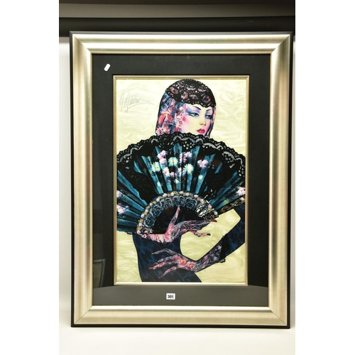 301 - TWO MODERN DECORATIVE PICTURES, comprising M Martino a signed limited edition print collage portrait... 