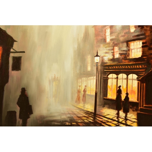 305 - BILL HADLEY (BRITISH CONTEMPORARY) A NOSTALGIC VICTORIAN STYLE STREET SCENE, signed bottom right, oi... 