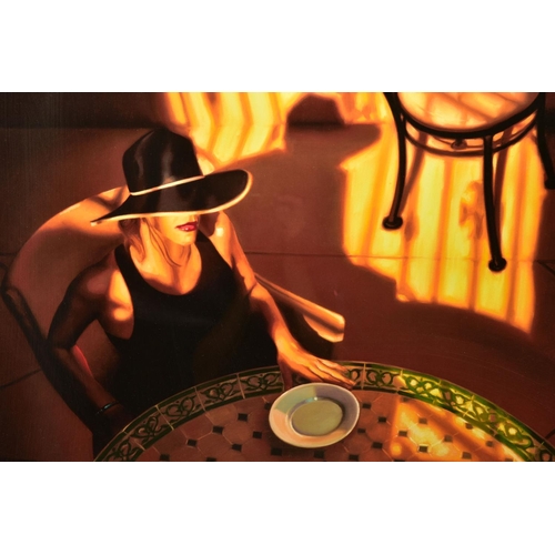 308 - CARRIE GRABER (AMERICAN 1975) 'BARCELONA' a portrait of a woman wearing a wide brimmed hat seated at... 