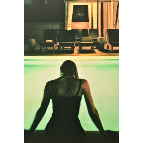 313 - CARRIE GRABER (AMERICA 1975) A STUDY OF A FEMALE FIGURE SITTING AT A SWIMMING POOL, signed limited e... 