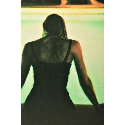 313 - CARRIE GRABER (AMERICA 1975) A STUDY OF A FEMALE FIGURE SITTING AT A SWIMMING POOL, signed limited e... 