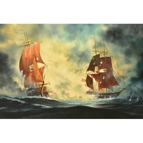 314 - BILL HADLEY (BRITISH CONTEMPORARY) A NAVEL MARITIME BATTLE SCENE BETWEEN SQUARE RIGGED SHIPS, one of... 