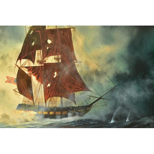 314 - BILL HADLEY (BRITISH CONTEMPORARY) A NAVEL MARITIME BATTLE SCENE BETWEEN SQUARE RIGGED SHIPS, one of... 