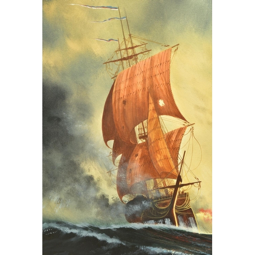 314 - BILL HADLEY (BRITISH CONTEMPORARY) A NAVEL MARITIME BATTLE SCENE BETWEEN SQUARE RIGGED SHIPS, one of... 