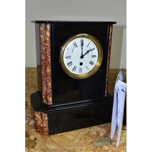 343 - TWO ANTIQUE CLOCKS, comprising a black slate and marble mantel clock, with white enamel dial bearing... 