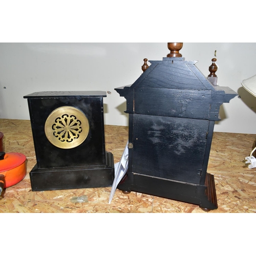 343 - TWO ANTIQUE CLOCKS, comprising a black slate and marble mantel clock, with white enamel dial bearing... 