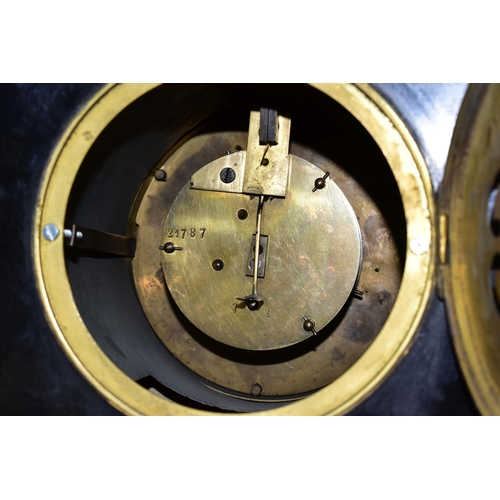 343 - TWO ANTIQUE CLOCKS, comprising a black slate and marble mantel clock, with white enamel dial bearing... 